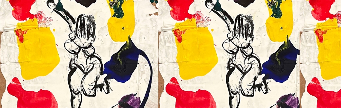 An abstract drawing of a woman in what looks like black charcoal with colourful paint splatters around her in pink, yellow and purple.