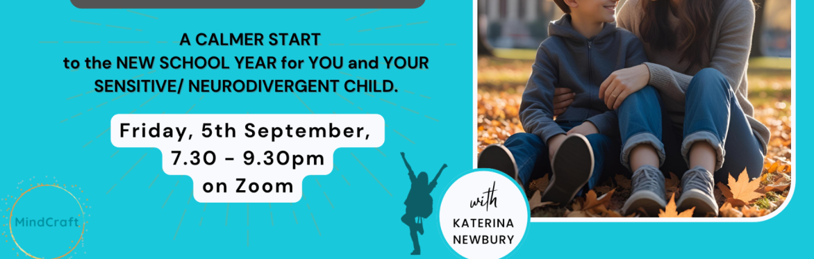 Online Workshop Name and description, a photo image of the organiser and an AI generated photo of a mother  sat next to her young son outside on a sunny autumn day