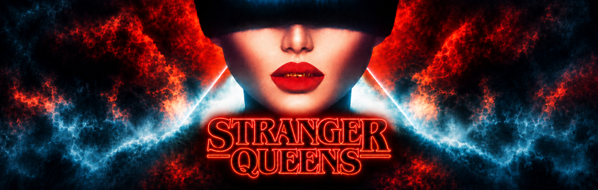 Stranger Queens - Image of a woman in shadows with dark bangs covering her eyes with red lipstick and gold teeth