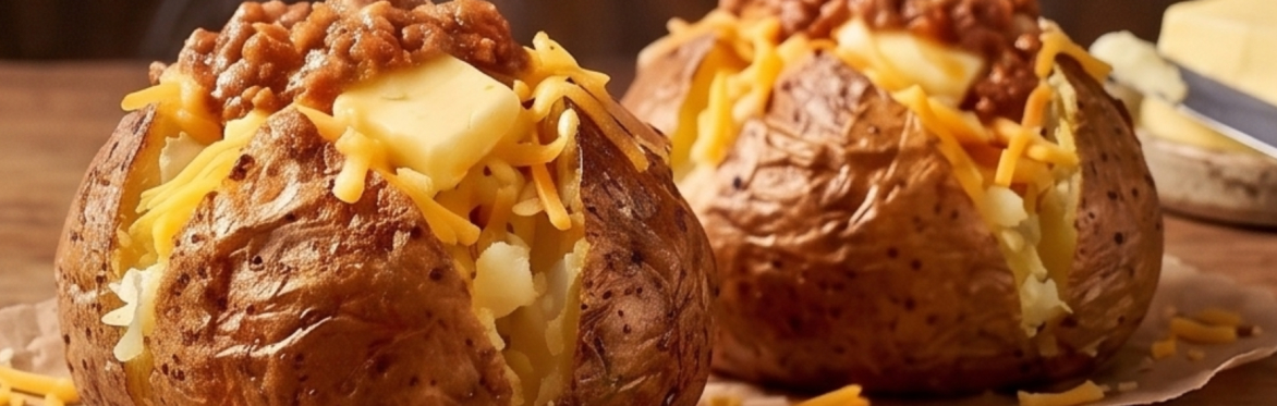 Close up of Jacket Potato with Cheese, Butter and Beans