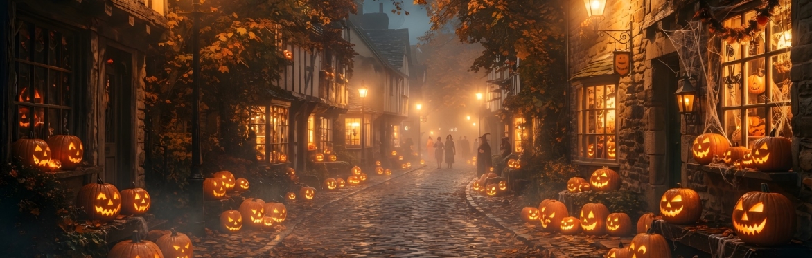 A cozy, spooky Halloween Mainstreet scene with glowing jack-o’-lanterns along a cobblestone road, warm lanterns and storefronts, autumn leaves, and mist in the distance.
