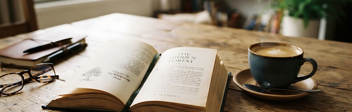 Open book with Coffee Cup, notebook & Glasses