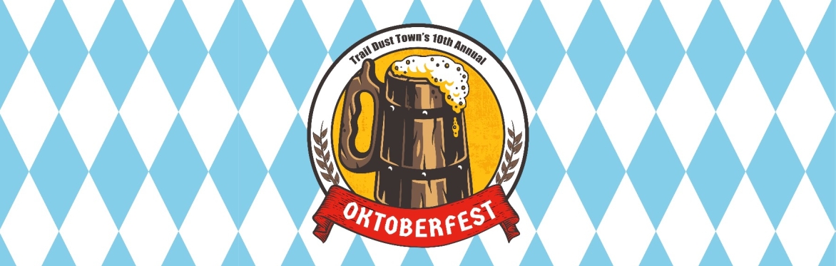 A cartoon stein of beer in a circle with hop leaves. It reads Trail Dust Town's 10th Annual Oktoberfest with Oktoberfest in a read banner. The background is blue and white diamonds
