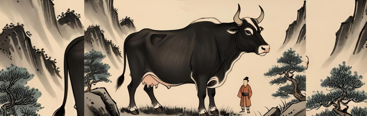 asian art style drawing of an ox in a mountainous landscape