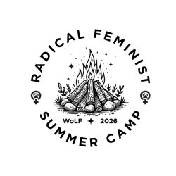 Header in black on white with 23-29 June 2026 on the left, our description text in the center, and the Radical Feminist Summer Camp WoLF 2026 logo on the right