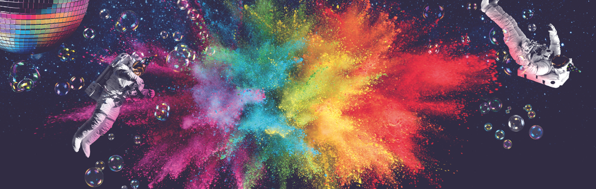 A colourful explosion in space, astronauts, a mirrored ball, and bubbles