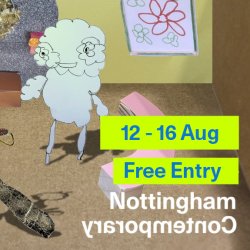 A cardboard gallery space featuring illustrated figures from Nottingham Mencap members’ artwork walking around and viewing artwork also created by Nottingham Mencap. Text floats in front.