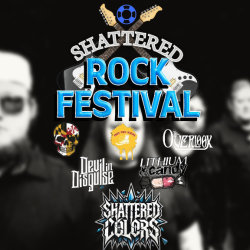 Shattered Rock Fest title, with Shattered Colors Band photo in the background, as well as logos of the 6 performing bands.