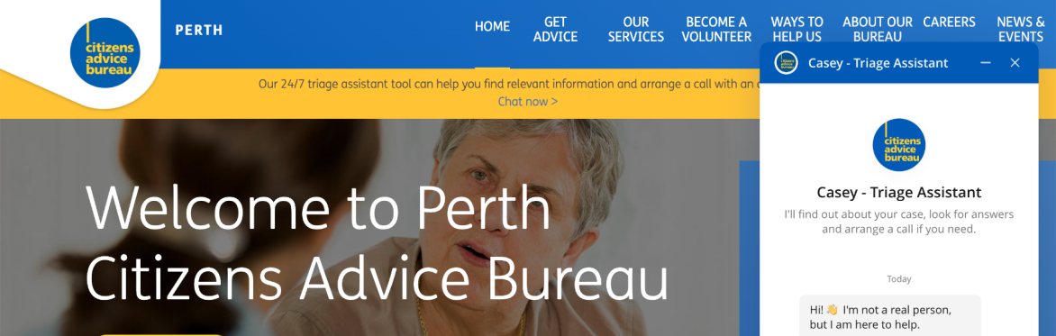 An image of the Perth Citizen's Advice Bureau website, with the Triage Assistant on it.