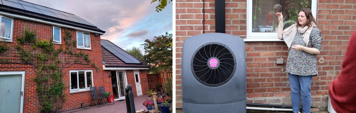 Detached house with solar panels, woman stood next to a heat pump
