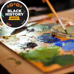 An image of an art palette, brush, and Roehampton Students' Unions 'Black History Month' Logo