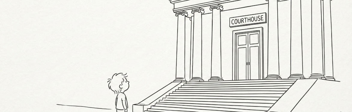A young person outside a courthouse