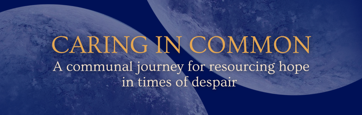 Dark blue background with circle shapes in a planetary formation, with the text: Common Ground: What moves us in times of despair? An introductory workshop for feeling our way toward liberated future