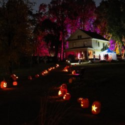 A house sits illuminated at the top of a hill, with a pumpkin-lit path.