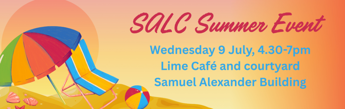 Promotional image for the SALC Summer Event, with an illustration of a parasol, deck chair and beach ball