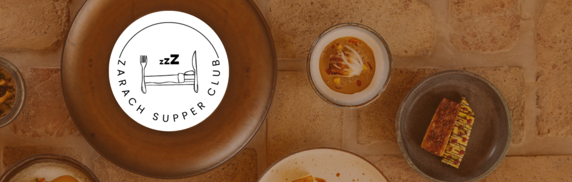A brick background with different sized plates displaying food and the Zarach Supper Club logo