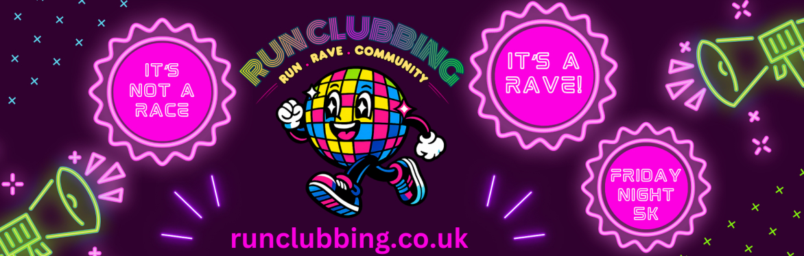 central is a smiling cartoon disco ball wearing green trainers and white gloves. It points to the sky with the text 'run clubbing' forming an arch around it.
