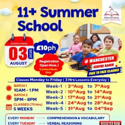 11+ SUMMER SCHOOL FOR YEAR 5 IN AUGUST 2026 @ MANCHESTER CENTRES (75 HR LESSONS - FEES £10 PER HOUR)