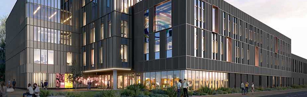 Architectural rendering of a modern multi-storey building with dark exterior cladding and large glass windows.