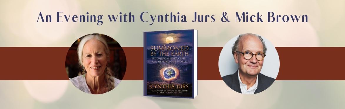 An evening with Cynthia Jurs and Mick Brown, photos of Cynthia and Mick with the cover of Cynthia's Book Summoned by the Earth between them