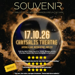 A rich gold a black event poster for SOUVENIR: A Tribute to Orchestral Manoeuvres in the Dark at The Chrysalis Theatre on October 17th 2026