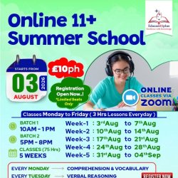 11+ SUMMER SCHOOL FOR YEAR 5 AUGUST 2026 @ ONLINE VIA ZOOM (75 HR LESSONS - FEES £10 PER HOUR)