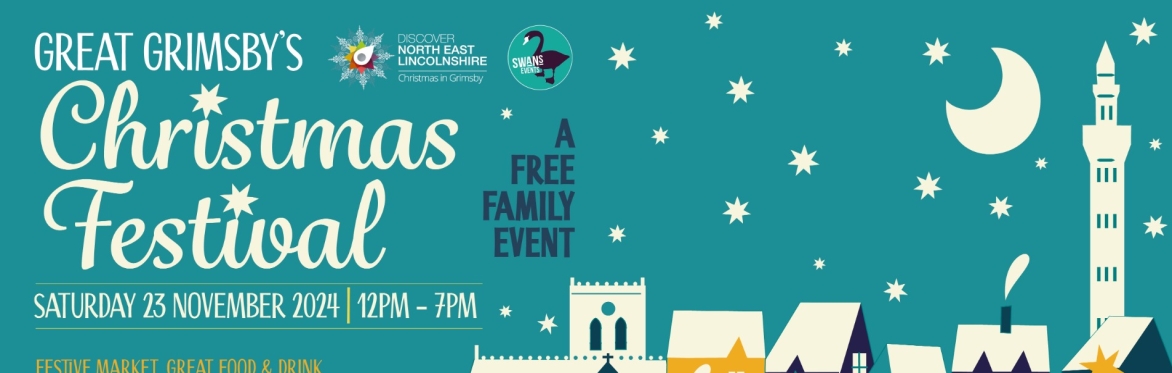 Branded event title that includes timings and locations, the background is shaped by the town landscape.