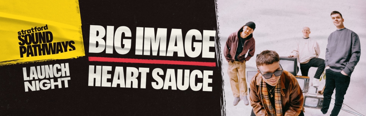 A banner image with the band names in the centre, and a photo of the 4 members of Big Image on the right hand side