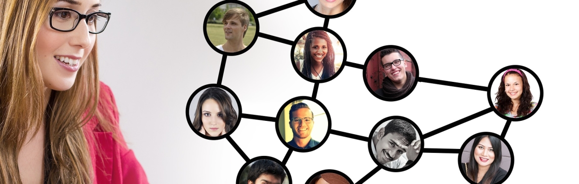 A network of single but diverse faces, each within their own circle, but joined to others by lines of connection