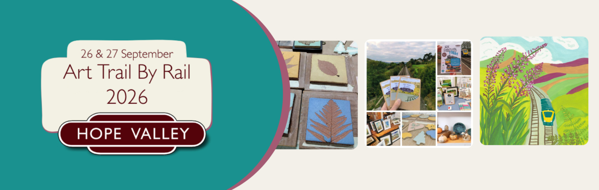 a collage of photos and drawings promoting the Hope Valley Art Trail by Rail event for 2026