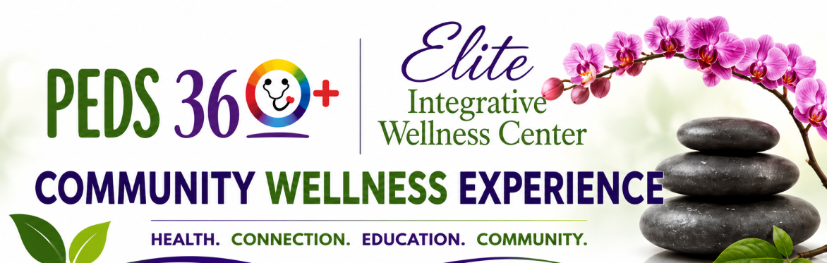 Community Wellness Experience banner featuring the PEDS 360+ logo and the Elite Integrative Wellness Center logo side by side. The design includes purple orchids, stacked spa stones, green & purple