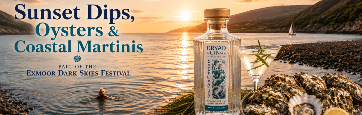Advert for Sunset dip, Oysters and Coastal Martini Night part of the Exmoor Dark Skies Festival