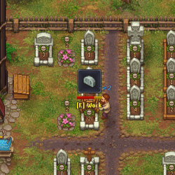 Imagine from a video game of a man tending to a lot of little graves