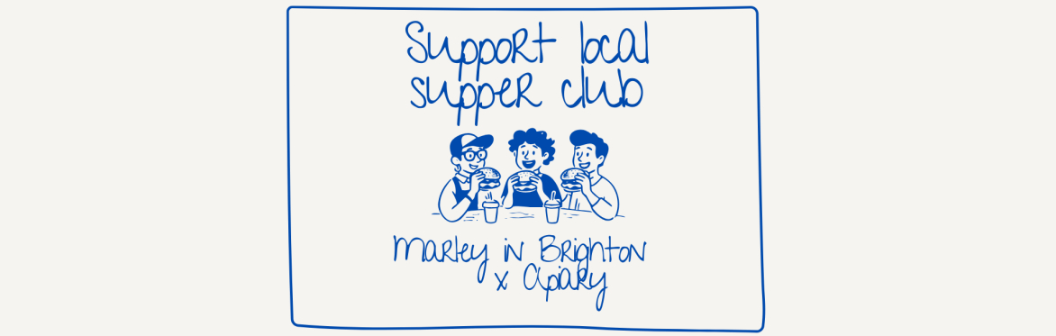 Support local supper club. Three people eating and smiling. Marley in Brighton collab with Apiary.