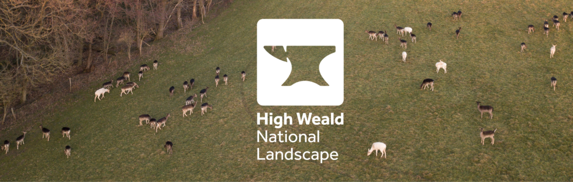 An aerial shot of deer in a field with the High Weald logo