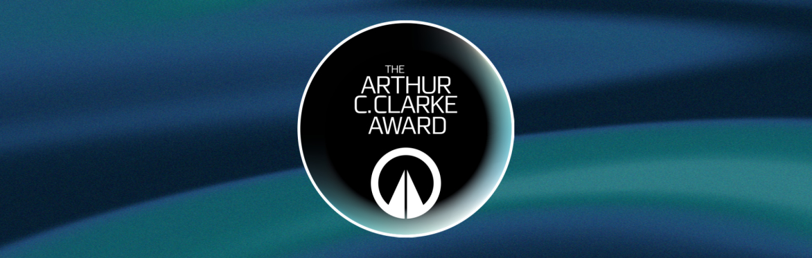 The logo of the Arthur C. Clarke Award on a blue-green background