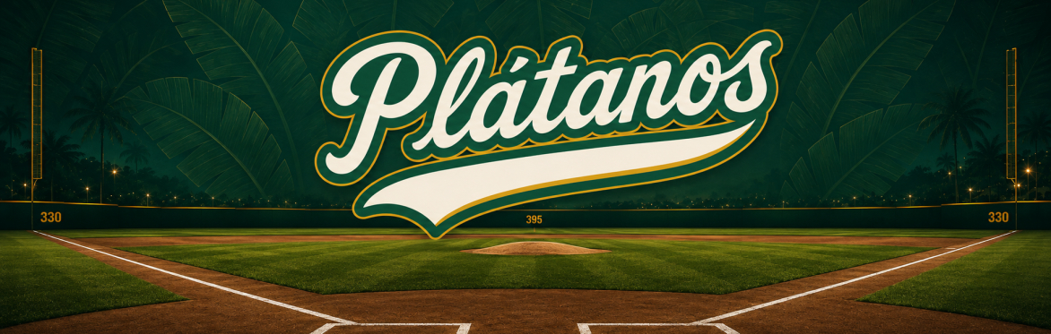 Logo de los Santo Domingo Plátanos sobre un estadio de béisbol con hojas de plátano.