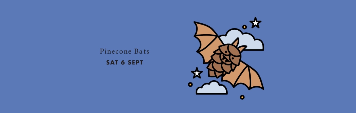 Illustration of a bat made out of a pinecone flying in the night sky