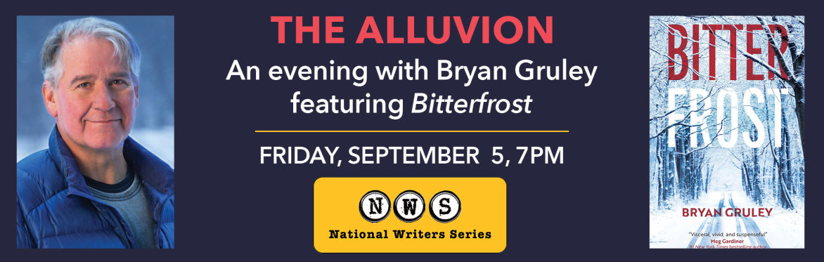 header image of bryan gruley headshot, the date of the event, and the bitterfrost book cover