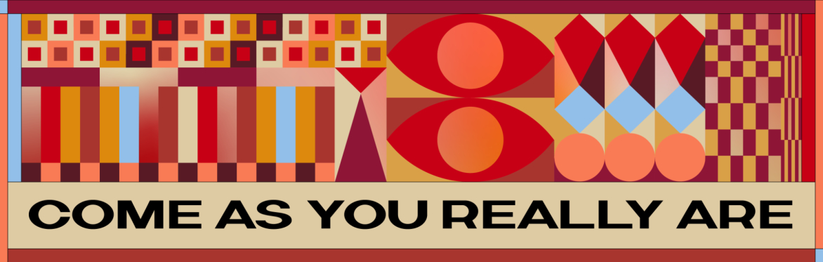 Colourful geometric abstract design featuring repeated circles, diamonds, and rectangles of varying sizes and colours.