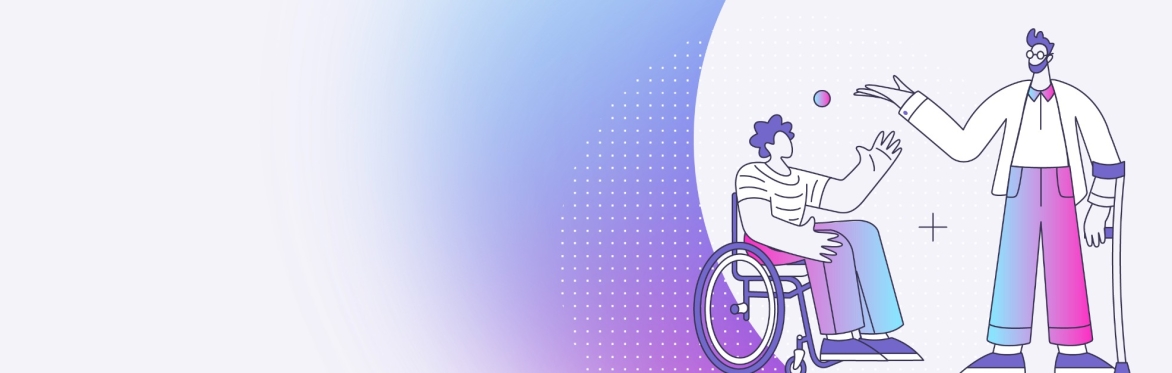 An image of two characters talking to one another, one is a wheelchair user