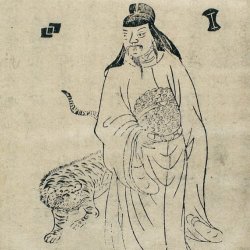 An ancient chinese drawing depicting a man with a tiger