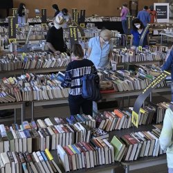 Several people perusing books displayed on tables