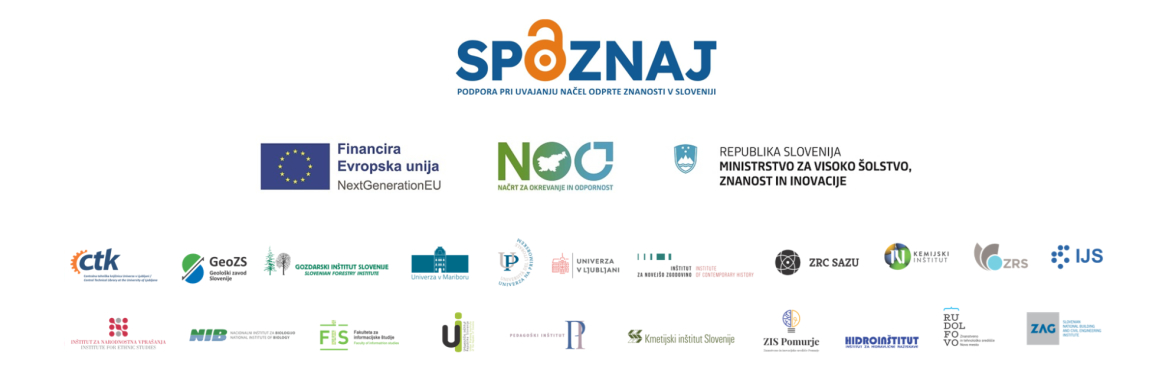 Logotipi projekta SPOZNAJ, financerjev (MVZI, NOO, NextGenerationEU) in 21 konzorcijskih partnerjev