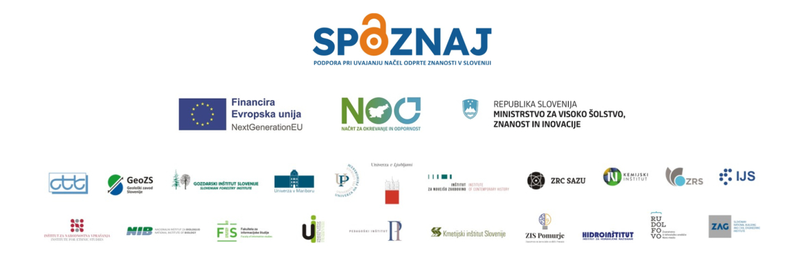 Logotipi projekta SPOZNAJ, financerjev (MVZI, NOO, NextGenerationEU) in 21 konzorcijskih partnerjev