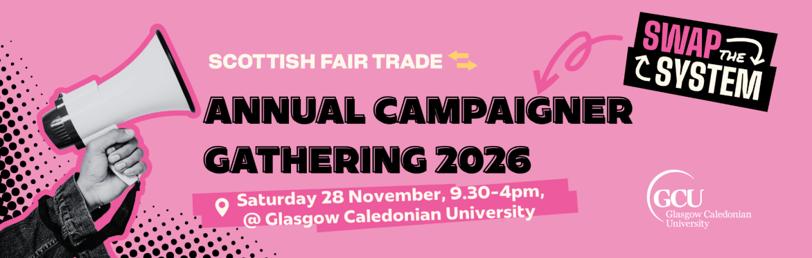 Hand holding a mug on dark red background, text reading: 'who made this? Human rights behind everyday goods' Scottish Fair Trade logo in top right corner, water witness logo on bottom right corner.