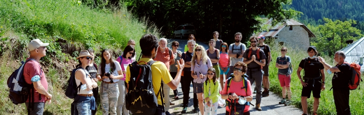 Gruppo di persone ferme ad ascoltare Luca Stefenelli. Sono su una strada asfaltata all'inizio di un sentiero di montagna. Poco lontano si intravedono due edifici (di cui una casa e una serra)