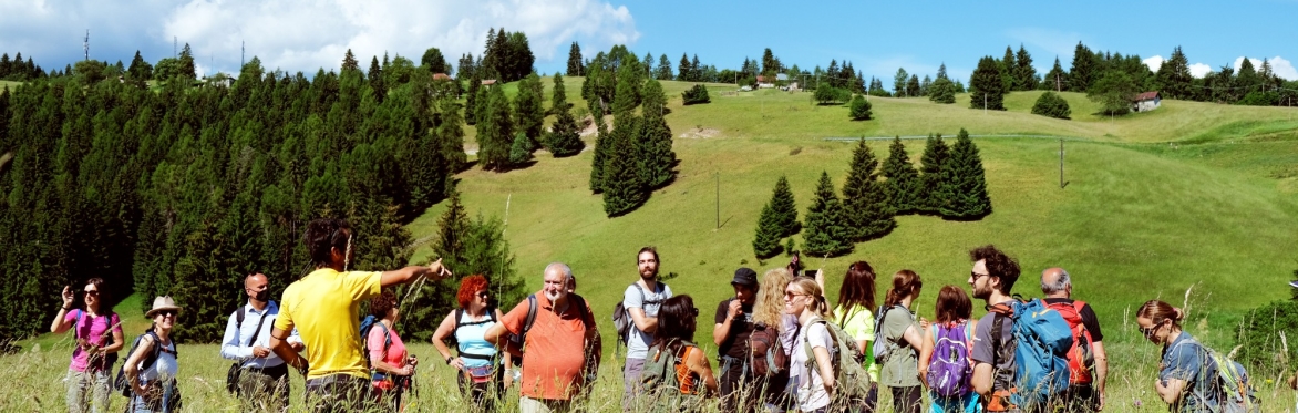 Gruppo di persone ferme ad ascoltare Luca Stefenelli. Sono in in montagna in una zona con erba alta