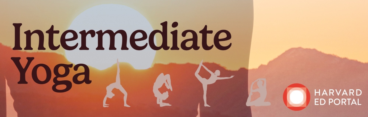 An picture of a sun setting behind mountins with the text "Intermediate Yoga" and outlines of people doing yoga poses set against the picture.