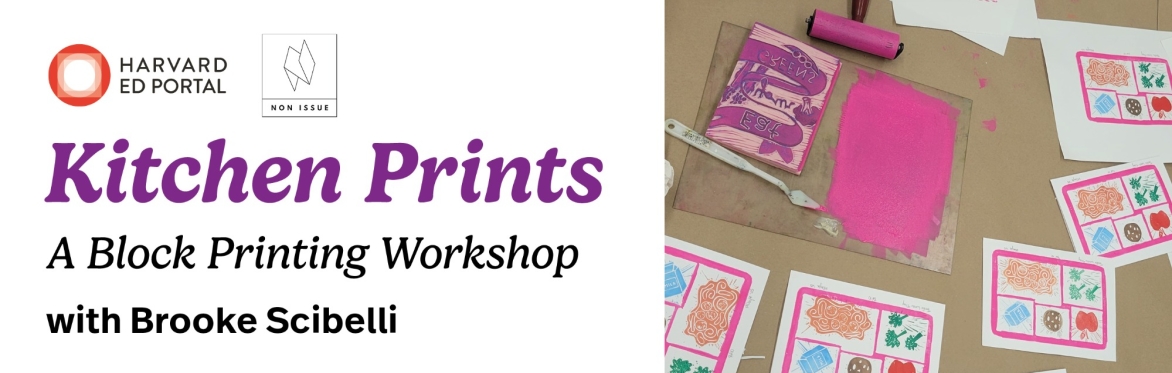 Printmaking tools and finished project of kitchen themed images in different colors on paper